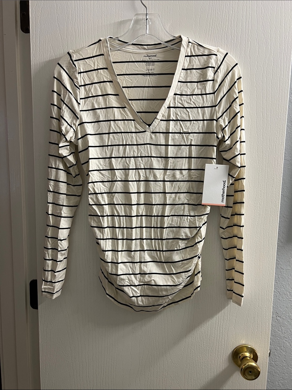 Motherhood Cream and Black Striped V-Neck Maternity Top